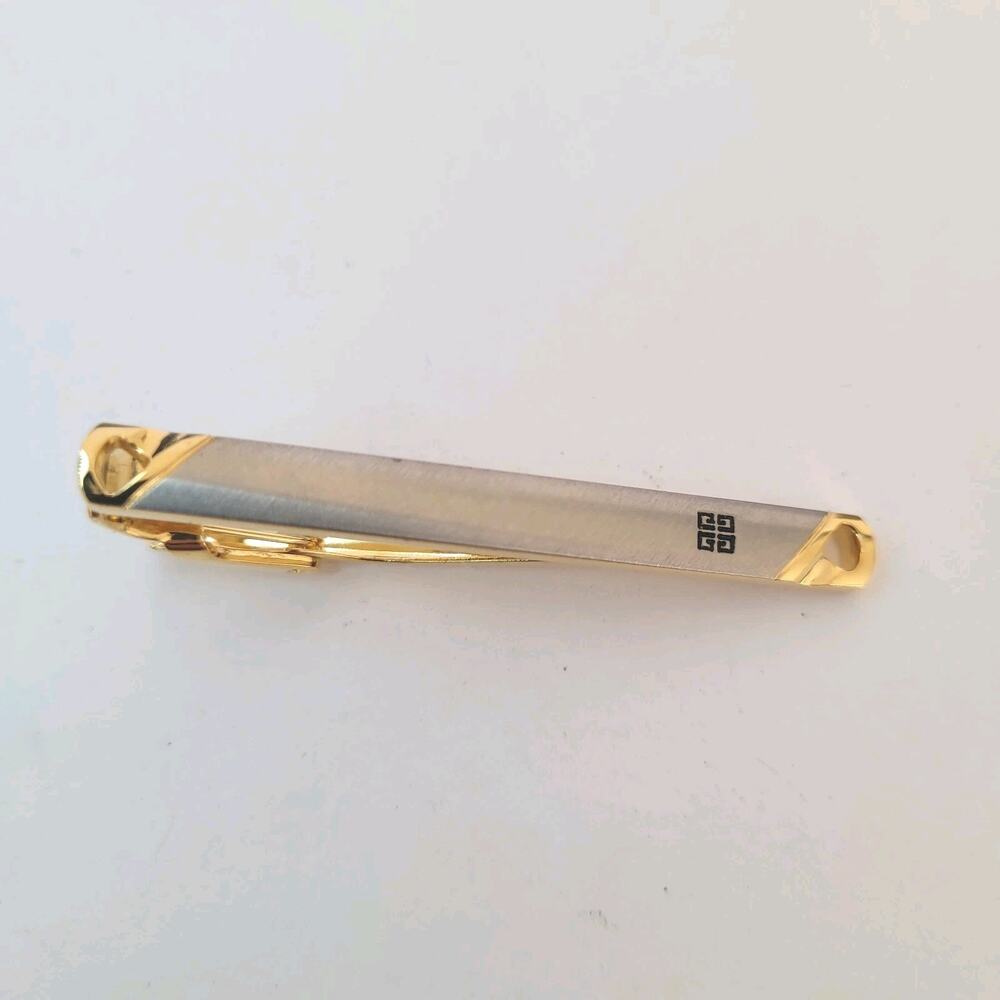 Givenchy Gold Silver Tone‎ Tie Bar Clip 2 Inch Logo Vintage Minimalistic Clasp